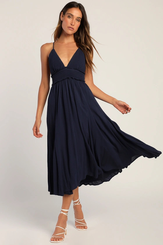 Essentially Elegant Navy Blue Sleeveless Backless Midi Dress | Lulus