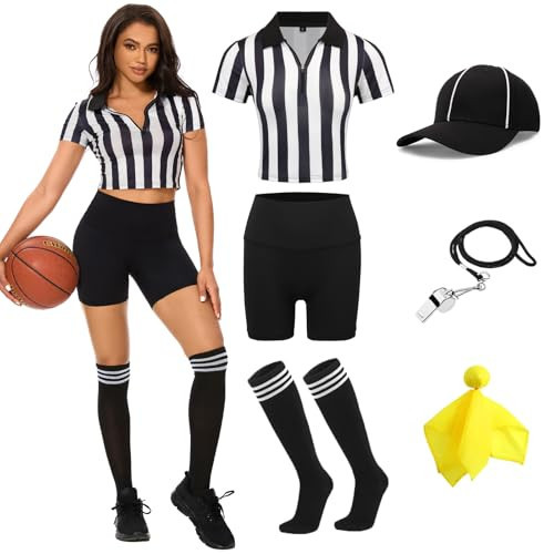 redgino 6 Pcs Women Referee Costume Set Crop Top Sexy Zipper Ref Shirt Shorts Hat Long Socks Whistle Referee Outfit for football Soccer Rugy Halloween Cosplay Party M | Amazon (US)
