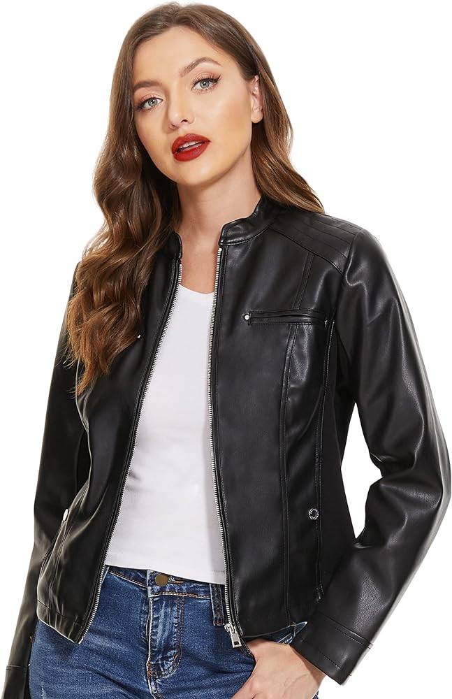 Fahsyee Zip Leather Jackets for Women Motorcycle Faux PU Moto Biker Outwear Coat | Amazon (US)