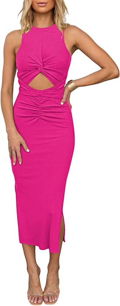 Duigluw Women's Summer Knit Sleeveless Crosscriss Cutout Ruched Bodycon Midi Dress with Slit | Amazon (US)