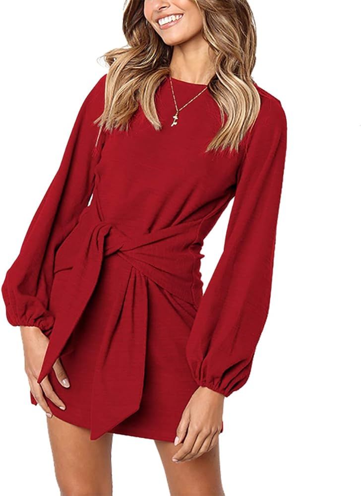 Women’s Elegant Long Lantern Sleeve Short Dress Crewneck Tie Waist Knit Cocktail Dress | Amazon (US)