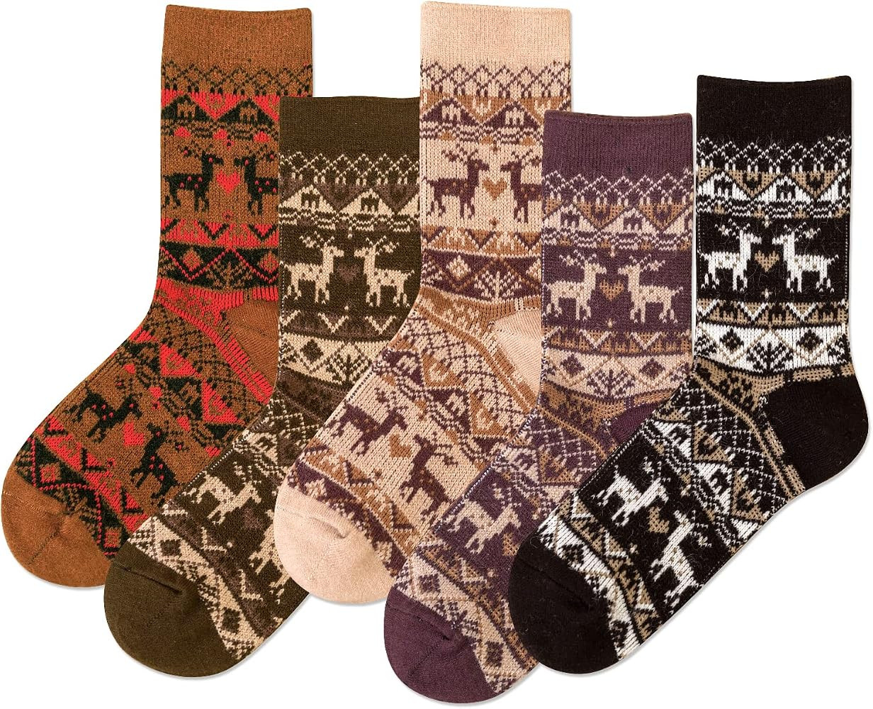 IIG 5 Pairs Womens Pretty Vintage Wool Socks Unique Print Design Soft Cozy Warm Crew Socks Christmas | Amazon (US)