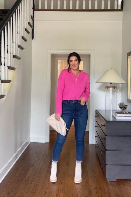 Spring outfit - day Valentine’s Date - daytime spring outfit - pink sweater - denim - Abercrombie jeans - Walmart jeans - madewell jeans - Amazon tops - tan boots - beige boots - Valentine’s Day 

#LTKunder50 #LTKSeasonal #LTKstyletip