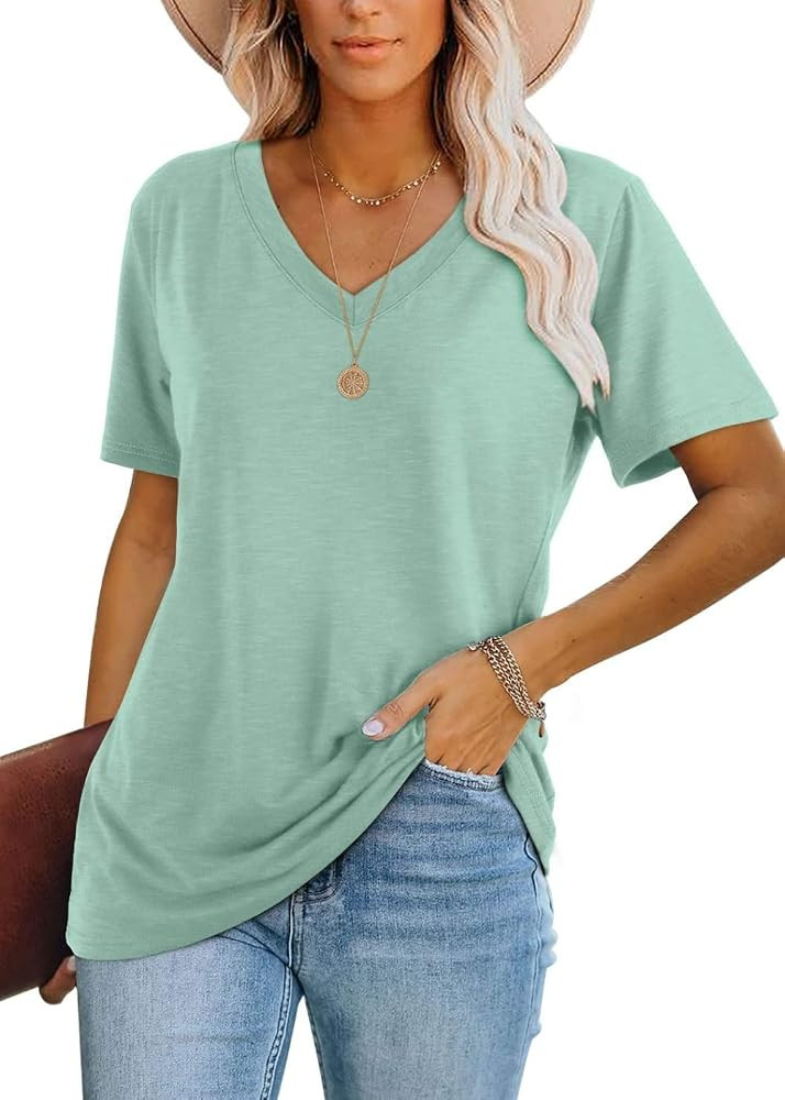 Lunivop Womens Tops Casual V Neck Short Sleeve Solid Color Basic T Shirt | Amazon (US)