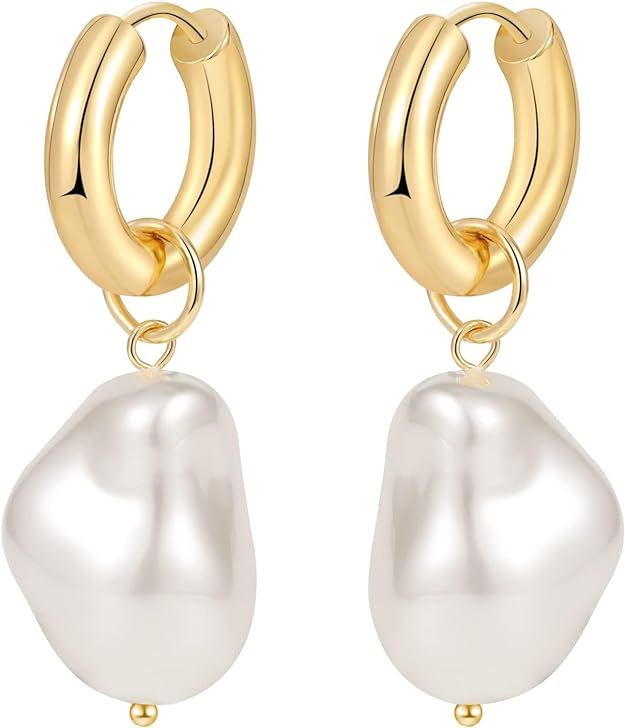 Pearl Hoop Earrings For Women,14K Gold Plated Baroque Pearl Drop Earrings Lightweight Teardrop Ho... | Amazon (US)