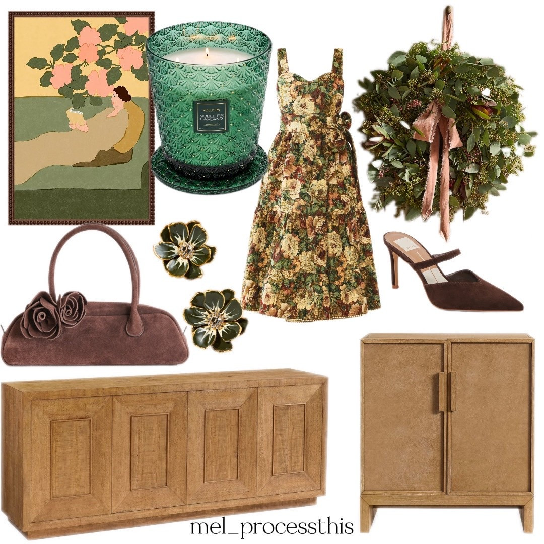 Autumn details I’m loving 🍂 a gorgeous floral fall dress, the prettiest wooden side table, and all the cozy textures that make a space and outfit feel warm and intentional. Paired with beautiful shoes, bag, and a touch of art & wreath magic for that perfect fall aesthetic 🍂

#LTKHome #LTKSeasonal