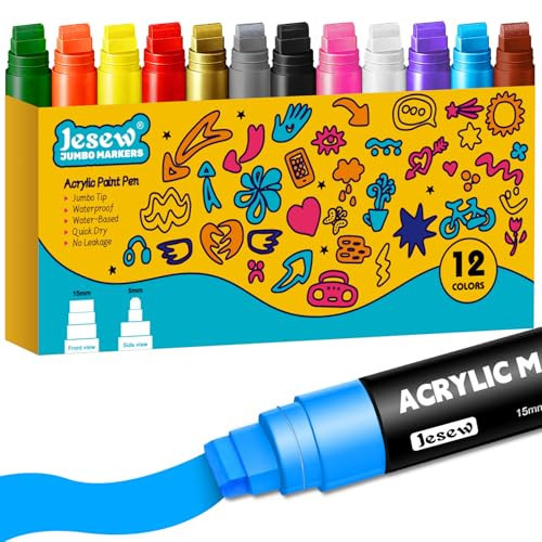 Acrylic Paint Markers – 12 Colors Jumbo Markers with 15mm Felt Tip Paint Pens, Waterproof Permanent Ink for Rock Painting, Stone, Ceramic, Glass, Wood, Canvas, Outdoor Art & Signs | Amazon (US)