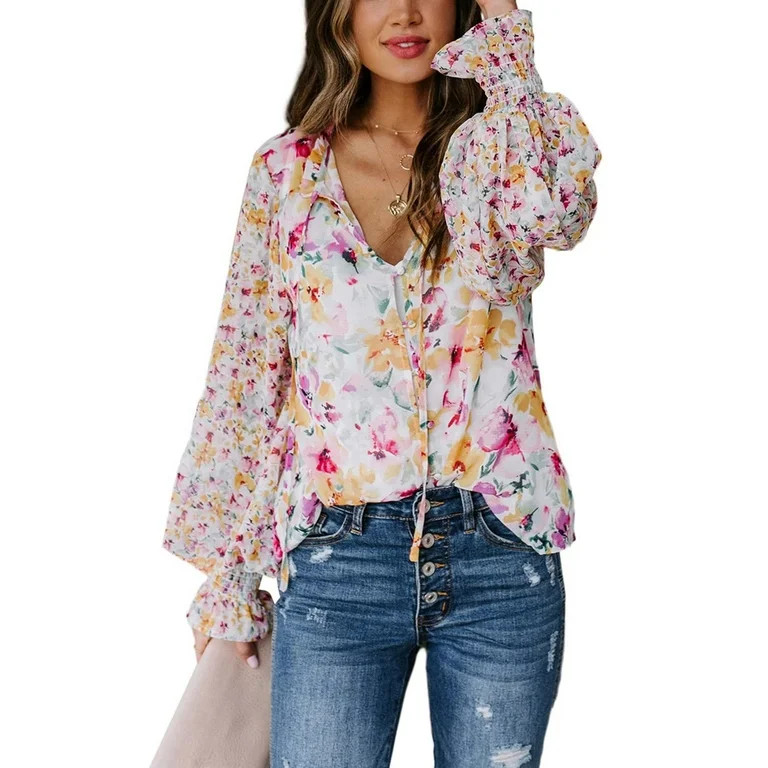 EVALESS Womens Long Sleeve Tops Casual V Neck Boho Floral Print Chiffon Blouses Drawstring Button... | Walmart (US)