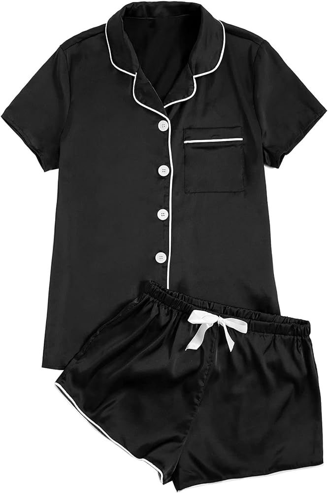 WDIRARA Women's Sleepwear Satin Short Sleeve Shirt and Shorts Pajama Set | Amazon (US)