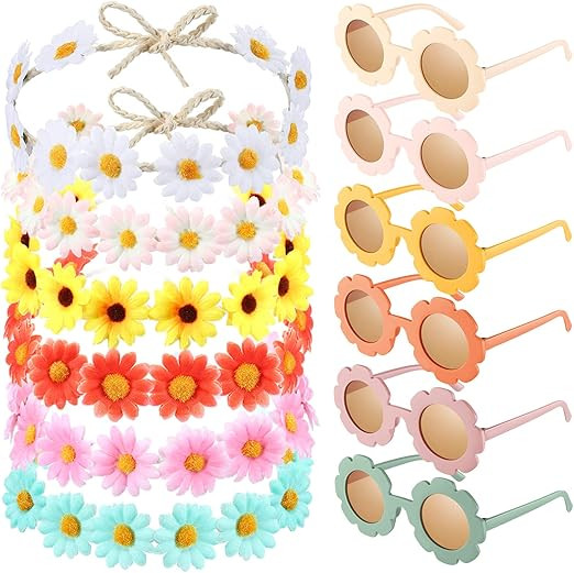 12 Pcs Groovy Retro Flower Sunglasses Headbands Party Favors Boho Hippie Round Flower Polarized E... | Amazon (US)