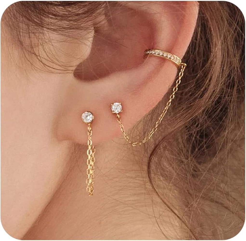 Pencros Ear Cuff Chain Earrings for Women Trendy, 14K Gold Plated Minimalist Chain Diamond Studs ... | Amazon (US)