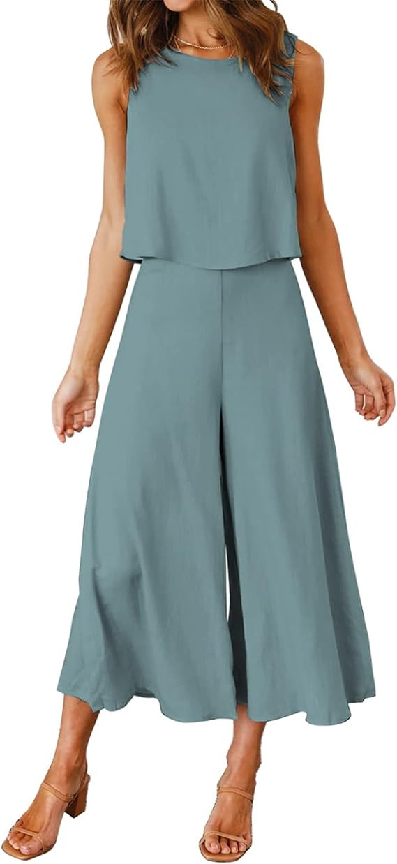 ROYLAMP Women's Summer 2 Piece Outfits Round Neck Crop Basic Top Cropped Wide Leg Pants Set Jumps... | Amazon (US)