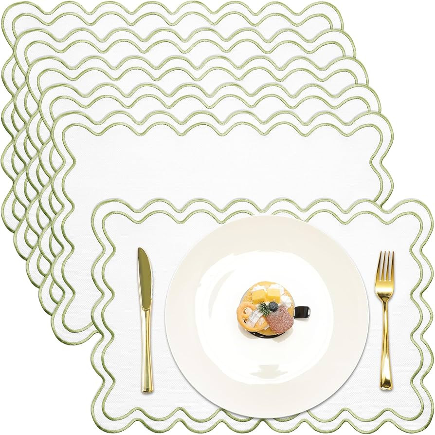 Set of 6 Cotton Linen Placemats, 13 x 19 Inch Wavy Embroidery Scalloped Placemats Washable Double... | Amazon (US)