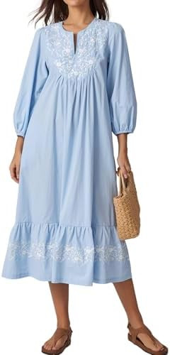 Women Embroidered Spring Midi Dress 2026 Summer V-Neck 3/4 Sleeve A-Line Flowy Dress with Belt | Amazon (US)