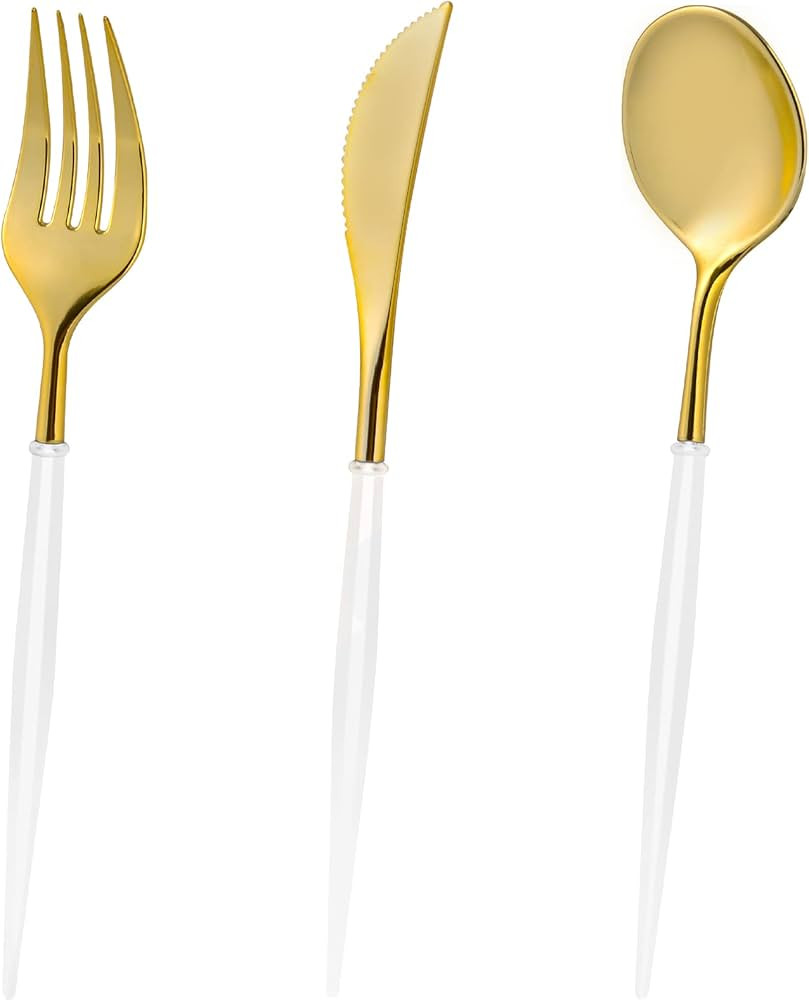 Gold and White Plastic Silverware - Heavyweight Gold Disposable Cutlery with White Handle, Gold a... | Amazon (US)