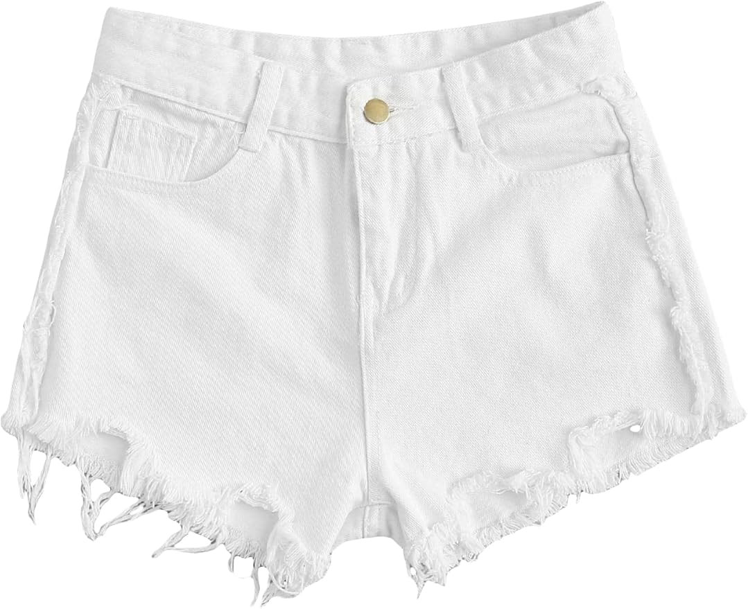Floerns Women's Casual Raw Hem Distressed High Waist Denim Jeans Shorts | Amazon (US)