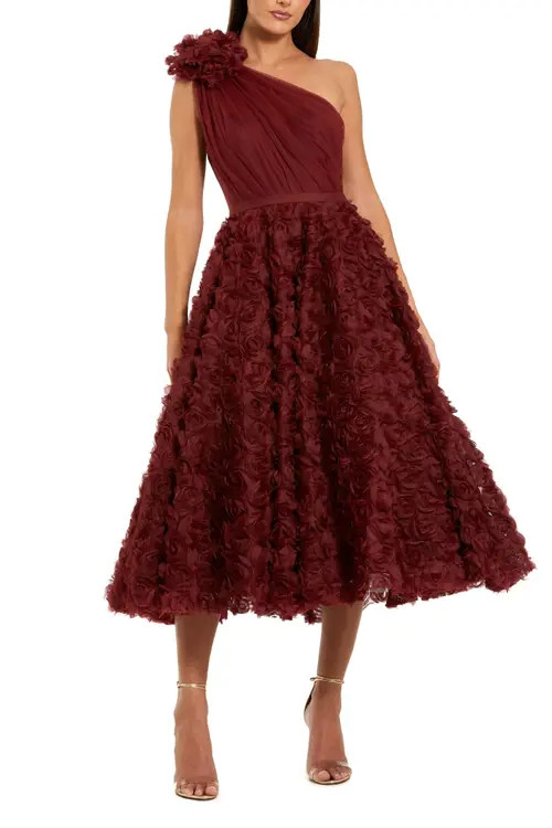 Mac Duggal Lace One Shoulder 3D Flower A Line Midi Dress in Wine at Nordstrom, Size 12 | Nordstrom