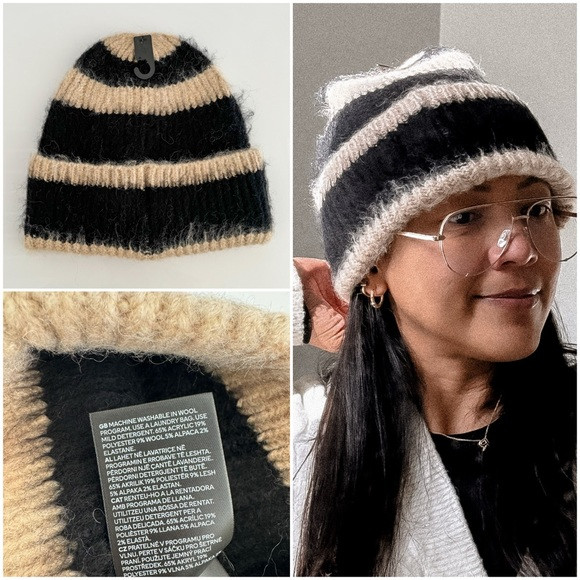 Black/Cream Striped Rib Knit Beanie | Poshmark