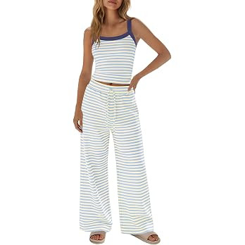 SENSERISE Womens Striped Lounge Set Loungewear | 2 Piece Outfits, Spaghetti Strap Tank Top, Wide ... | Amazon (US)