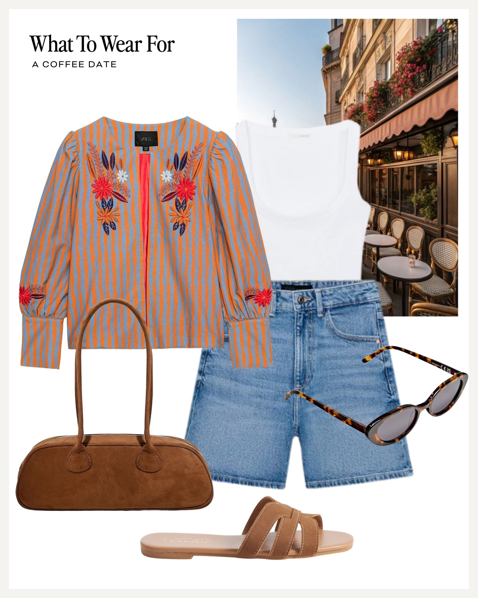 A coffee date ☕️ 

Zara new in, summer fashion, patterned embroidered jacket, tan sandals, denim shorts, holiday looks

#LTKsummer