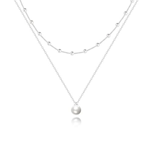 Zeffy Layered Silver Pearl Necklaces for Women Dainty Layered Tiny Single Pearl Choker Trendy Cute Silver Necklace Stack Wedding Jewelry Sets for Women Bridesmaid Gifts 2PCS | Amazon (US)