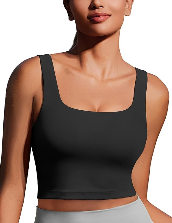 PINSPARK Sports Bra for Women Square Neck Longline Tank Top with Built in Bra | Amazon (US)