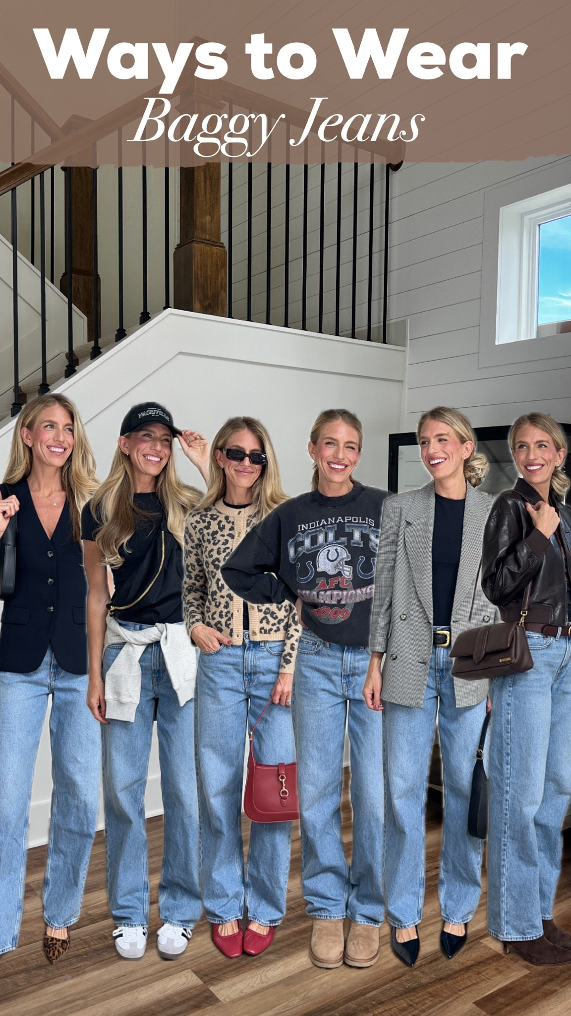 Hi! Here is sizing from the outfits from my baggy jeans reel! I’m wearing my true size in the jeans (27 long). They do run on the looser side. If you tend to get the gape in the back waist i recommend the curve love version of the jeans! Linked under similar.  Wearing 6 in any Aritzia tops. Small in other tops, medium in body suit and jacket and small in blazer. Runs oversized. Boot  I sized up half size to 11. Very very comfy! Lower heel all shoes I’m wearing an 11 for the pointed toe! The sambas are men’s sizes so size down 1-1.5 sizes!