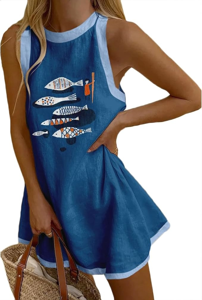 Meiweileya Women Fish Lobster Graphic Linen Tank Mini Dress Cute Crawfish Gingham Print Sleeveles... | Amazon (US)