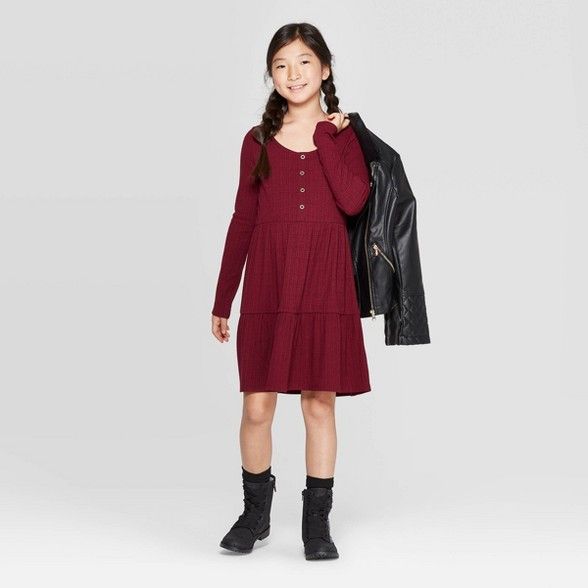 Girls' Long Sleeve Henley Tiered Dress - art class™ Burgundy | Target