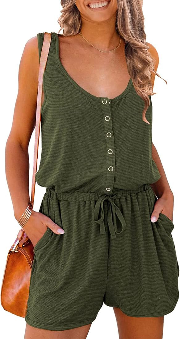 PRETTYGARDEN Women's Summer Casual Shorts Jumpsuit Plain Scoop Neck Button Down Sleeveless Tank T... | Amazon (US)