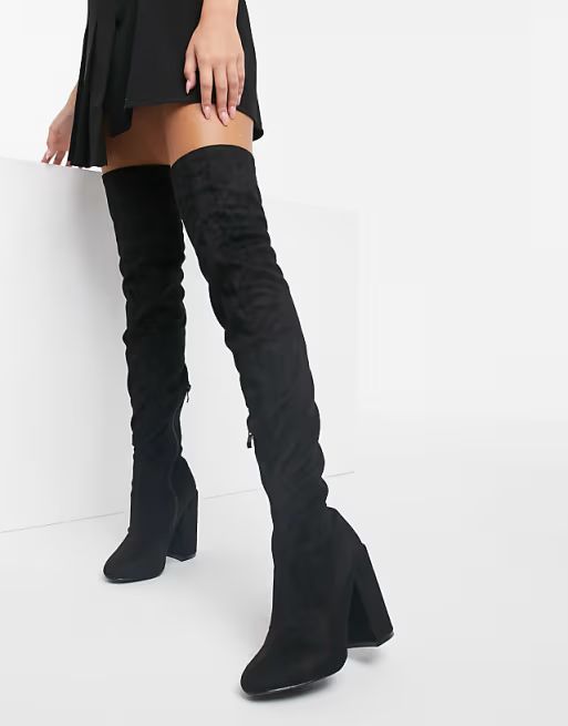 RAID Wide Fit Editta over the knee boots with block heel in black | ASOS (Global)