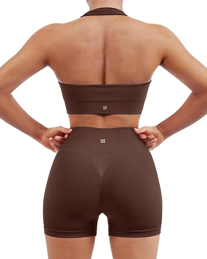 SUUKSESS Women Seamless Ribbed Workout Set Backless Sports Bra Booty Biker Short | Amazon (US)