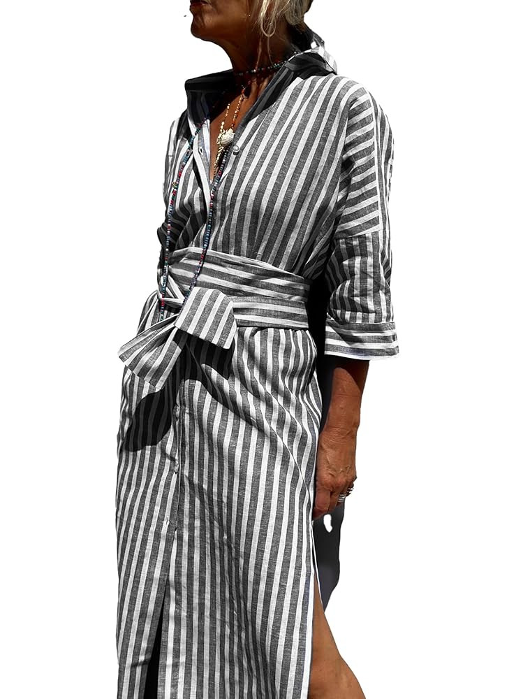 utcoco Womens 2025 Shirt Dress Casual Lapel 3/4 Sleeve Button Down Split Belted Vacation Maxi Dre... | Amazon (US)