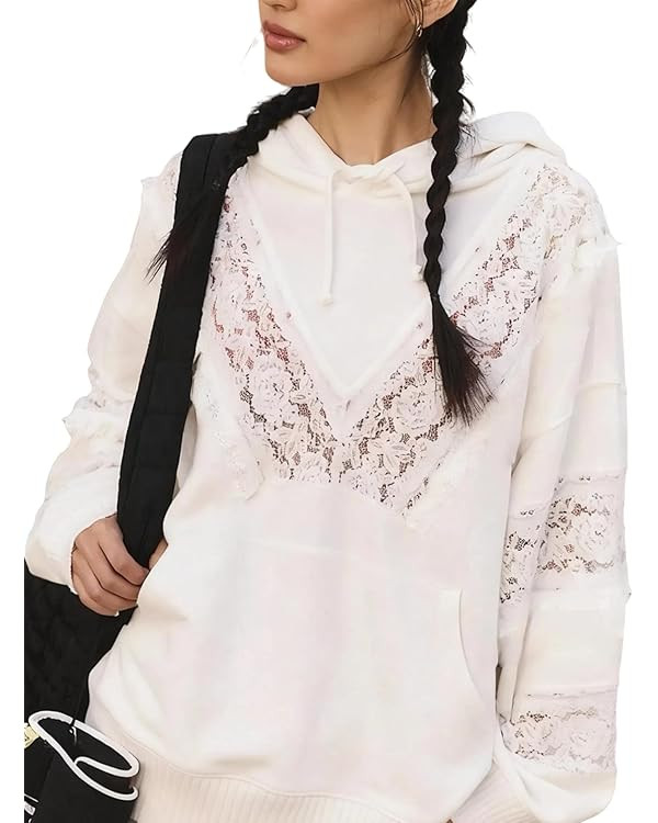 Women’s Fall Patchwork Lace Hoodie,Long Sleeve Ruffle Trim Sweatshirt with Kangaroo Pocket | Amazon (US)