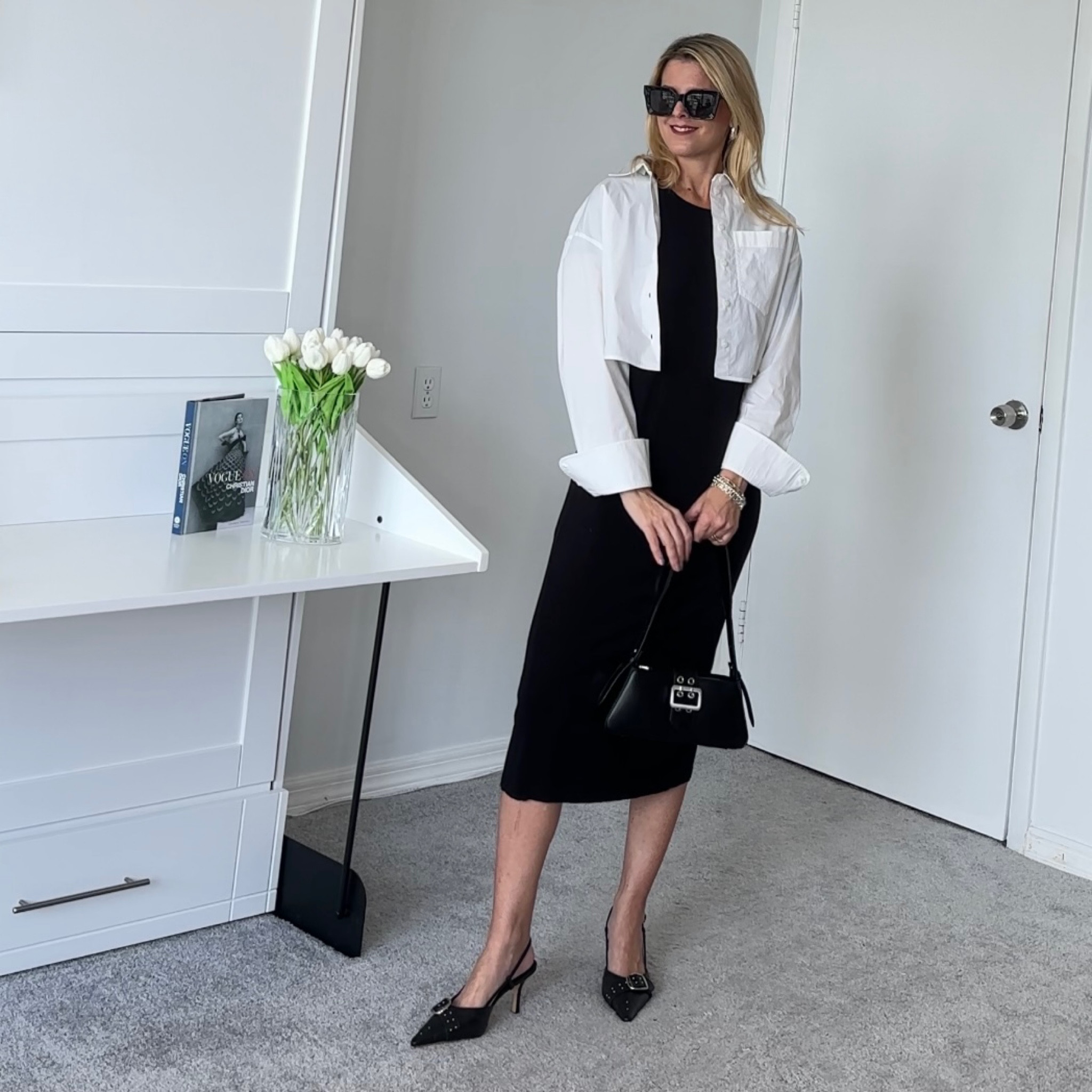 T-shirt dress.   Cropped button down,  buckled bag with buckled Slingbacks 

#LTKSeasonal #LTKunder50 #LTKFind