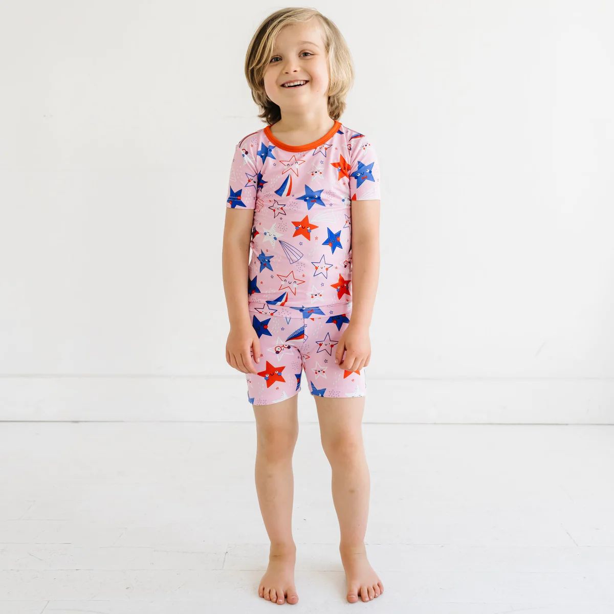 Pink Stars & Stripes Two-Piece Short Sleeve & Shorts Bamboo Viscose Pajama Set | Little Sleepies