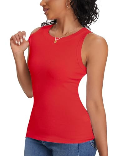 Red Ribbed Basic Tank Tops Women Cuting Going Out Summer Tops(Red X-Large) | Amazon (US)