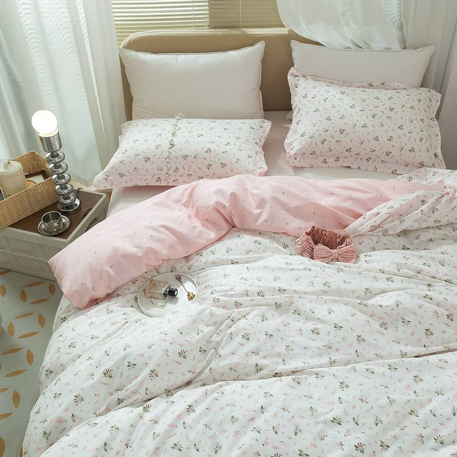 LifeTB Cotton Floral Duvet Cover Queen Girl Pink Flower Bedding Sets Garden Style Cotton Comforte... | Amazon (US)