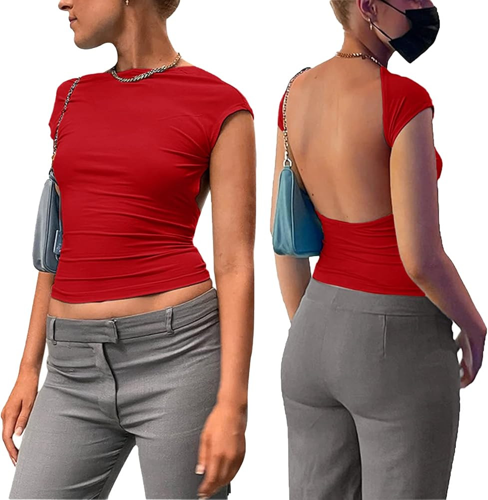 ForeFair Women Sexy Backless Short Sleeve Slim Fit Crewneck Summer Casual Y2K Crop Tee | Amazon (US)