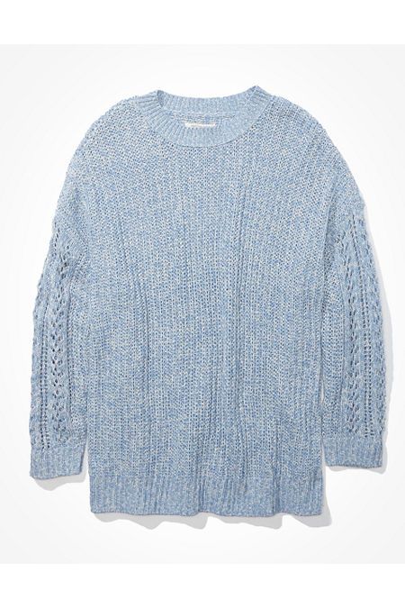 AE Oversized Pointelle Sleeve Crew Neck Sweater Women's Blue M | American Eagle Outfitters (US & CA)