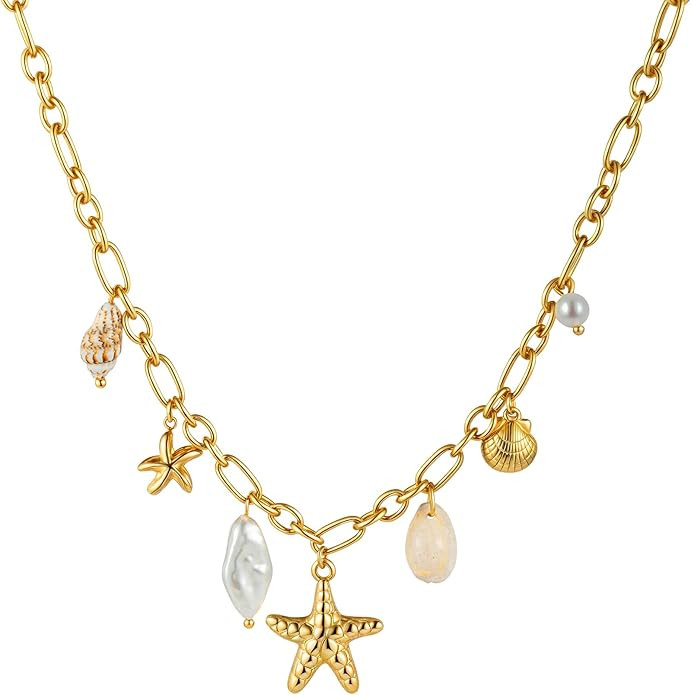 Gold Starfish Necklace for Women Charms Baroque Pearl Shell Necklace Summer Conch Beach Jewelry | Amazon (US)