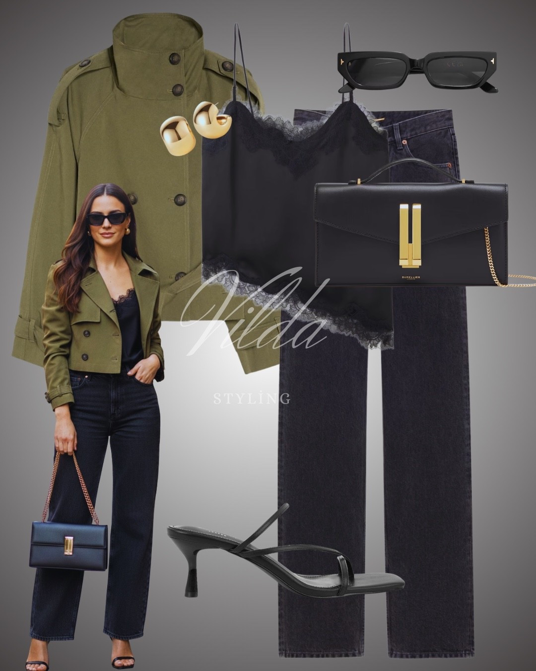 Edgy Femininity🖤A cropped olive trench jacket, black silk cami with lace trim adds a touch of evening elegance to dark-wash denim.SpringOutfits #TrenchCoat #LaceCami #DateNightLook #EdgyStyle #DenimDaily #GoldJewelry #ChicStyle 

#LTKspring #LTKstyletip #LTKFashionMonth