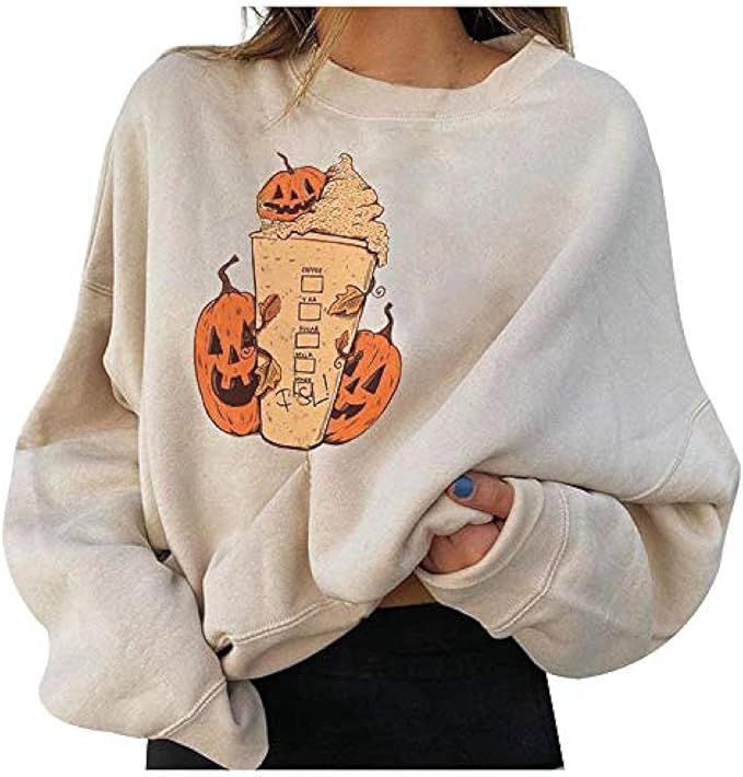 BIAOCDG.US.STORE Halloween Sweatshirts for Women Pumpkin Print Sweater Halloween Skull Long Sleev... | Amazon (US)