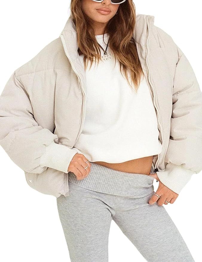 Uaneo Womens Casual Padded Full Zip Stand Collar Long Sleeve Puffer Jackets | Amazon (US)