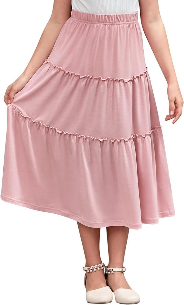 GORLYA Girls Boho Casual Elastic High Waist Tiered Ruffle Hem Long Swing Maxi Skirt 4-14T | Amazon (US)