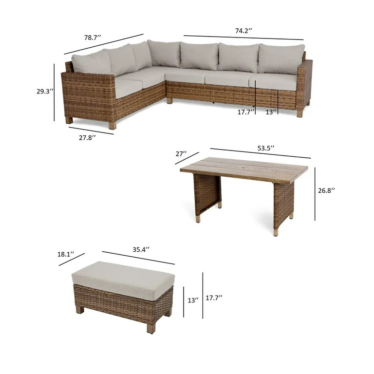Better Homes & Gardens Brookbury 4-Piece Outdoor Wicker Patio Sectional Dining Set, Beige Cushion... | Walmart (US)