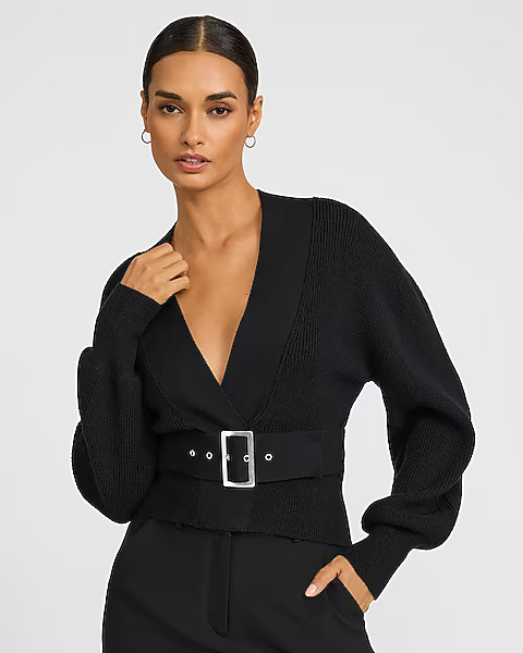 Airy Soft Ribbed Deep V-Neck Belted Wrap Cardigan | Express