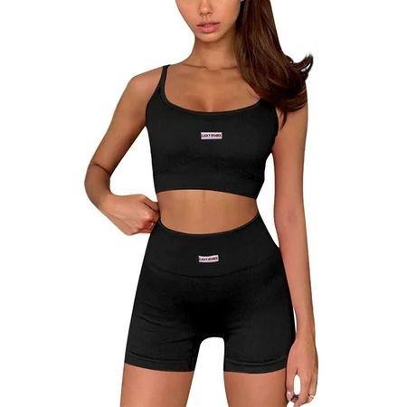 Women s Ribbed Workout Set Active 2 Pieces Outfits High Waist Yoga Shorts Leggings with Crop Top Spo | Walmart (US)