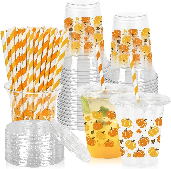 Whaline 50Pcs Fall Plastic Cups with Lids Straws Orange Yellow Brown Pumpkin Maple Clear Plastic ... | Amazon (US)
