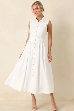 What Can I Say White Cotton Sleeveless Button Front Belted Maxi Dress | Red Dress